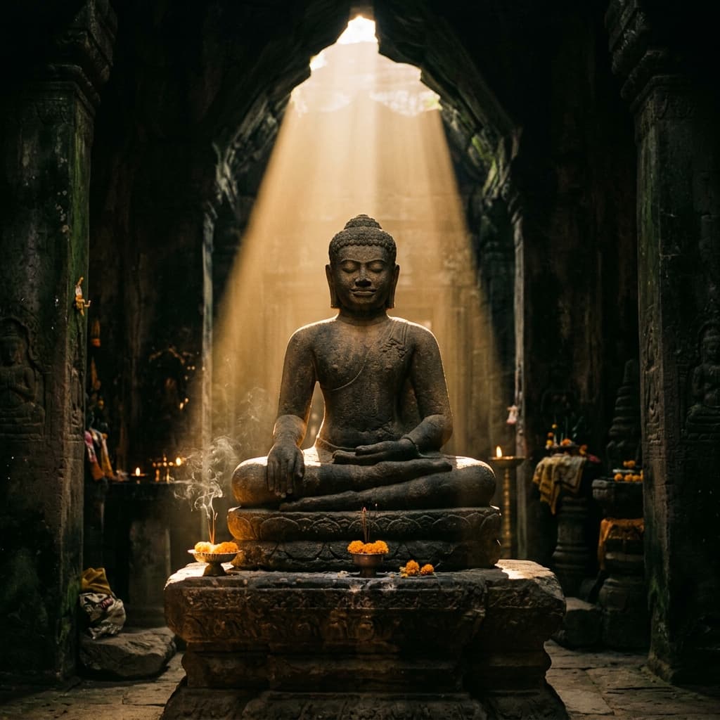 Serene seated Buddha statue under a stone archway
