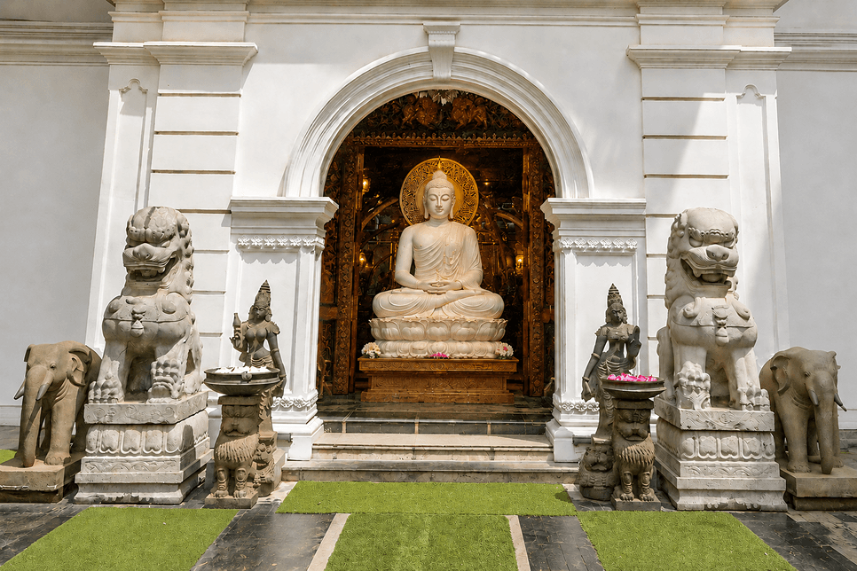 Copenhagen Buddhist Vihara Temple Facade with stone guardian lions and a golden Buddha statue