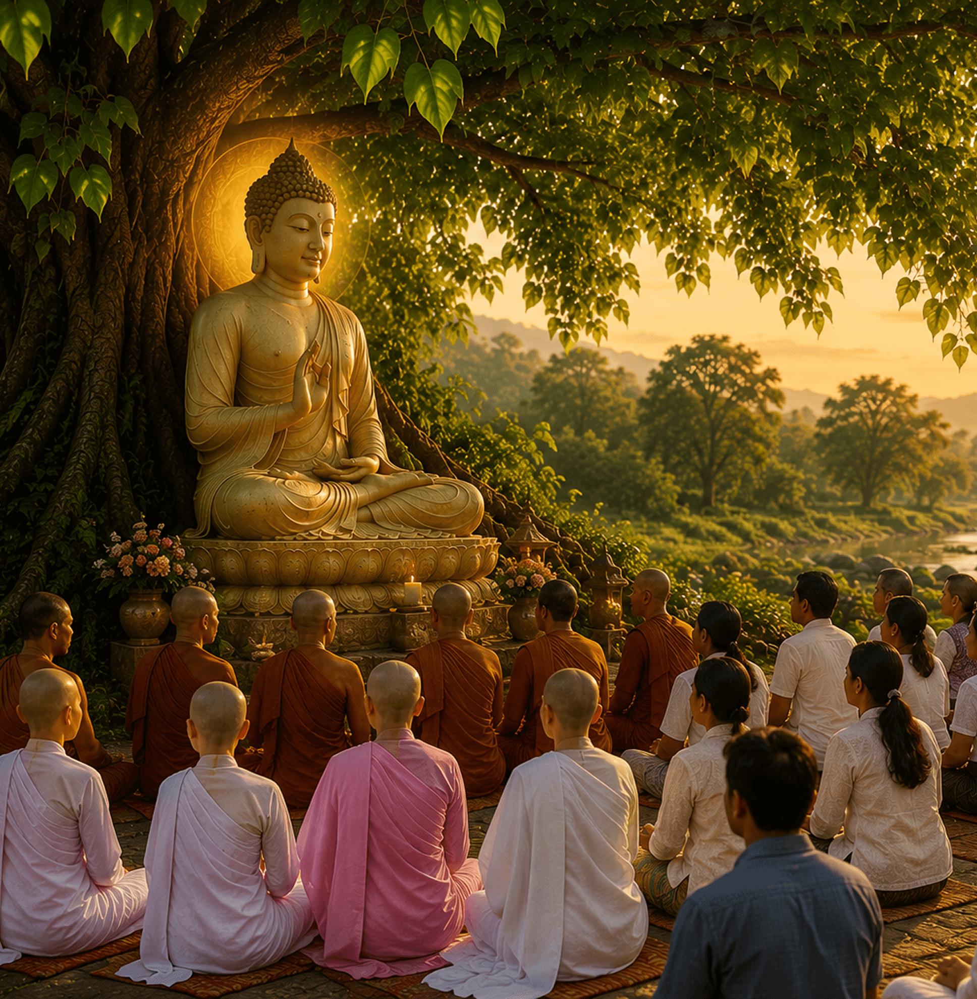Buddhist monks and devotees gathered in prayer beneath a radiant Buddha statue during a community ceremony